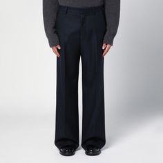 Wide-Leg Trousers By Ami Paris In Navy Blue Wool, Featuring Belt Loops, A Front Zip-And-Hook Fastening, Side Welt Pockets, Buttoned Welt Pockets On The Back And A Centre Crease Detail. Model Wears Size 42 Fr Model Measurements: Height: 187 Cm Chest: 102 Cm Waist: 76 Cm Hips: 92 Cm Size Type: Fr Material: Wool Sku: 2f-Htr423wv0053/P_ami-4011_118 Welcome To The Official Luosophy Poshmark Closet! Luosophy Is A Luxury Brand Reselling Company Founded In San Diego, Ca From 2016. All Our Products Are I Designer Tailored Pants For Workwear, Luxury Wide-leg Pants, Tailored Wide Leg Blue Pants For Formal Occasions, Tailored Blue Wide Leg Pants For Formal Occasions, Designer Straight Pants For Workwear, Blue Wide-leg Formal Dress Pants, Designer Straight Work Pants, Blue Straight Leg Wool Pants, Designer Wide Leg Workwear Pants