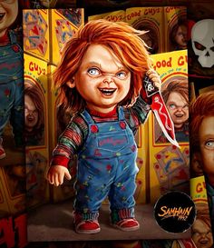 the chucky doll is holding a knife in front of a bunch of movie posters