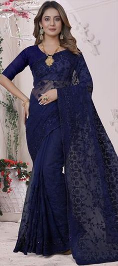 Blue color Saree in Net fabric with Embroidered, Resham, Stone, Thread work Blue Blouse Piece With Pallu For Wedding, Formal Blue Traditional Wear With Zari Work, Blue Traditional Wear With Intricate Embroidery For Formal Occasions, Blue Embroidered Fabric With Pallu For Party, Blue Semi-stitched Traditional Wear For Formal Occasions, Blue Resham Embroidered Saree For Wedding, Party Wear Blue Fabric With Resham Embroidery, Blue Embroidered Saree Fabric For Party, Blue Saree With Resham Embroidery For Wedding