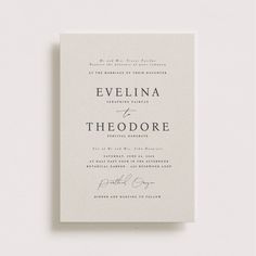 an elegant wedding card with the word, evelina and theodore written on it