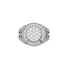 This dual-tone diamond signet ring is made from the finest solid gold and round brilliant cut diamonds. The ring has a cluster of round brilliant-cut diamonds in the center with a metal rim surrounding it, followed by a halo of round diamond. The shank has a cut out pattern and two rows of round diamonds. ✦ 𝐒𝐭𝐨𝐧𝐞 𝐃𝐞𝐭𝐚𝐢𝐥𝐬✧ Stone Shape: Round✧ Diamond Weight: 1.35 CT✧ Number of Diamonds: 55✧ Stone Type: Lab Grown Diamond✧ Diamond Clarity: VS1+ Clarity✧ Diamond Color: E-F ✦𝐑𝐢𝐧𝐠 𝐃𝐞 Silver Diamond Signet Ring With Center Stone, White Gold Round Signet Ring With Single Cut Diamonds, White Gold Diamond Cut Diamond Signet Ring, White Gold Diamond Cut Signet Ring, White Diamond Signet Ring With Center Stone, Silver Signet Ring With Pave Setting, Diamond White Signet Ring With Diamond Accents, White Gold Diamond Signet Ring With Brilliant Cut, White Gold Signet Ring With Diamond Cut Cubic Zirconia