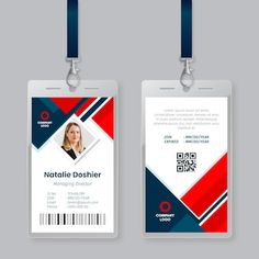 two id cards with blue, red and white stripes on the front one has a name tag