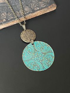 20 inches Chain  Patina Disc Charm  Boho Necklace, Ethnic Style Necklaces, Disc Pendant Necklaces, Patina Charms, Statement Necklaces, Bohemian Necklaces, Antique Gold Necklace Bohemian Jewelry With Oxidized Finish For Gift, Bohemian Jewelry With Oxidized Finish As Gift, Bohemian Oxidized Jewelry As Gift, Bohemian Oxidized Jewelry For Gift, Bohemian Blue Medallion Necklace, Bohemian Engraved Necklace For Gifts, Bohemian Engraved Necklace As Gift, Bohemian Engraved Necklace For Gift, Blue Bohemian Medallion Necklace