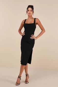 Black Sleeveless Dress - Square Neck Dress - Bodycon Midi Dress - Lulus Elastane Midi Dress With Straight Neckline For Night Out, Sleeveless Elastane Dress For Date Night, Chic Midi-length Sleeveless Elastane Dress, Chic Sleeveless Midi Dress In Elastane, Sleeveless Elastane Bodycon Dress For Date Night, Party Midi Dress With Stretch And Straight Neckline, Elegant Fitted Sleeveless Dress For Brunch, Sleeveless Bodycon Dress For Brunch, Fitted Sleeveless Midi Dress For Brunch