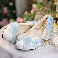 Customized Product. Ship In 5-15 Days. is not eligible for return. Fabric Material: PuColor: WhitePlatform Height: 6cm/2.36" Light Blue Heels, Princess Heels, French Dresses, Magical People, Pink Platform Heels, Pretty Heels, Halter Dress Short, Pink Platform, Heels Blue