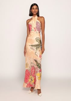 Peach bandhani print halter maxi dress Chic Embellished Halter Dress For Summer, Chic Embellished Summer Halter Dress, Chic Summer Embellished Halter Dress, Chic Embroidered Party Maxi Dress, Chic Embroidered Maxi Dress For Party, Chic Maxi Dress For Festival, Embroidered Maxi Dress For Summer Evening, Bohemian Halter Neck Maxi Dress For Evening, Embellished Halter Neck Dress For Summer