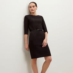 The Etsuko Dress - Black | M.M.LaFleur Chic Fitted Dress With 3/4 Sleeves, Elegant Workwear Dress, 3/4 Length, Elegant 3/4 Length Workwear Dresses, Elegant Mini Dress For Work With 3/4 Sleeves, Elegant 3/4 Length Work Dress, Elegant 3/4 Length Dress For Work, Fitted Dresses With 3/4 Sleeve, Office Dresses With 3/4 Sleeves, Office Stretch Elastane Dress