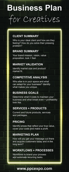 the business plan for creatives is shown in black and white with neon lights above it