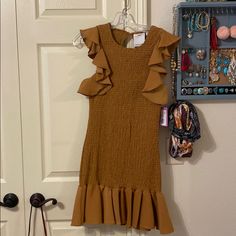 Nwt!! Fitted Brown Dresses With Ruffles, Casual Ruffled Midi Dress For Cocktail, Semi-formal Midi Dress With Ruffles For Cocktail, Casual Cocktail Midi Dress With Ruffles, Brown Fitted Mini Sundress, Fitted Brown Mini Sundress, Fitted Brown Dress With Ruffle Hem, Brown Sleeveless Ruffle Dress, Brown Sleeveless Dress With Ruffles