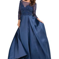 Jvn By Jovani Evenings Collection Jvn48833 Blue Beaded Satin Ball Gown Size 4. Pit To Pit 15", Shoulder To Hem 48"/56", Mesh V Neck Bodice Fully Beaded, 3/4 Sheer Mesh Beaded Sleeves, Full Satin Skirt, High Low Hem, Zip Closure, Worn Once For 3 Hours, Stunning Piece For Formal Event. Excellent Pre-Owned Condition Features: Designer Beaded Ball Gown Size: Womens 4 Condition: Pre-Owned Like New Blue Embellished Ball Gown For Evening, Blue Embellished Evening Ball Gown, Blue Embellished Ball Gown With Fitted Bodice, Blue Embellished Ball Gown Evening Dress, Blue Satin Ball Gown For Evening, Blue Satin Ball Gown For Wedding, Blue Satin Floor-length Ball Gown, Blue Satin Gown For Banquet, Elegant Blue Ball Gown Evening Dress