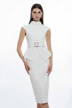 Structured Crepe Roll Neck Peplum Belted Midi Dress White Structured Dress For Work, Beige Structured Fitted Dress, Elegant Off-white Sleeveless Midi Dress, Elegant Off-white Cocktail Dress, Elegant Off White Cocktail Dress, Structured Beige Formal Dress, Elegant Structured Beige Dresses, Chic Structured White Dresses, Beige Structured Formal Dress