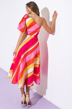 A printed woven midi dress featuring one shoulder neckline, bow at shoulder, A line skirt and side zipper closureDetails:Self : 100% PolyesterLining : 100% PolyesterSize & Fit- Model is 5`8" And Wearing Size Small- Measurements Taken From Size Small- Approx. Length: 48" One Shoulder Neckline, Line Skirt, A Line Skirt, Orange Pink, A Line Skirts, Side Zipper, Pink And Orange, Fitness Models, One Shoulder