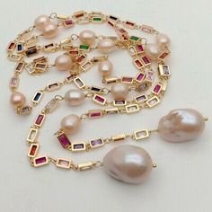 Gems Info: Fresh water cultured pearl, pink potato pearl and keshi pearl, multi color rectangle Cz pave chain, good quality, high luster! length: 50"(necklace). Pearl Bangles Gold, Colar Chocker, Classic Pearl Necklace, Pearl Chain Necklace, Freshwater Pearl Jewelry, Pearl Bangle, Pearl Jewelry Necklace, Kesha, Classic Necklace