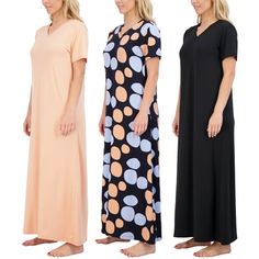 Looking for a sleepwear option that is both stylish and comfortable? Look no further than our 3-pack Women's Short Sleeve V-Neck Long Nightgowns from Real Essentials. Designed with the modern woman in mind, these Long Nightgowns offer the perfect combination of style, comfort, and affordability. Crafted from soft and breathable fabric, our Women's Short Sleeve V-Neck Long Nightgowns keep you cool and comfortable all night long. The V-neck design flatters your neckline, while the short-sleeved an Cotton Gowns, Comfortable Loungewear, Women's Nightgowns, Nightgowns For Women, Sleep Dress, Casual Stripes, House Dress, Nightgowns, Night Shirt