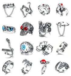 PRICES MAY VARY. 【Vintage Punk Rings Set】-- You will get 16pcs cool goth rings,including exquisite skull rings,snake ring,garnet red eyes frog ring,chain rings engraved “Good Luck”,owl ring and other gothic rings.Different style,trendy experience,add more charm and fresh to your daily wear. 【Premium Material】-- All these aesthetic rings are crafted by high quality alloy,sturdy and durable,lead and nickle free,friendly to your body.With advanced blackened process of the goth rings’ surface,they a Red Eyed Frog, Goth Rings, Rings Snake, Punk Rings, Frog Ring, Goth Ring, Snake Dragon, Owl Ring, Aesthetic Rings