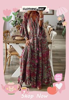 Women Fashion Casual Bohemian Tiny Flower Print V-neck Horn Sleeve Maxi Dress Women Fashion Casual, Sleeve Maxi Dress, Dresses By Length, Tiny Flowers, Maxi Dress With Sleeves, Long Maxi Dress, Womens Fashion Casual, Flower Print, Women's Fashion Dresses