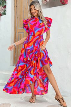 Orange Abstract Print High Waist Ruffle Tiered Maxi Dress - Alleure Summer Kimono, Flounce Sleeve, Dresses By Length, Tiered Maxi Dress, Waist Length, Swimwear Accessories, Long Maxi Dress, Abstract Print, Women's Fashion Dresses