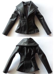 two pictures of a black leather jacket on a white surface, one is open and the other has a zippered closure