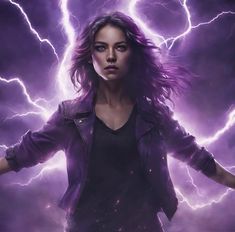 a woman standing in front of lightning with her arms outstretched