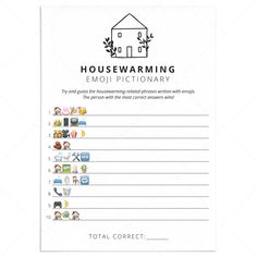 Housewarming Party Emoji Game with Answer Key Printable by LittleSizzle House Warming Games To Play, House Warming Games Fun, Housewarming Party Games Free Printable, Housewarming Games Activities, House Warming Games, Eating Etiquette, Housewarming Party Themes, New Home Party, Housewarming Party Games