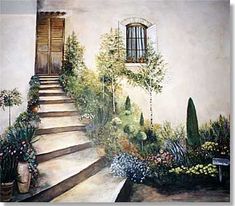 a painting of a garden with steps leading to a door and window on the wall