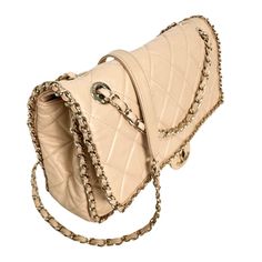 Pre-owned Chanel Flap Shoulder Bag From 2020-2021 Beige Lambskin Leather Gold-Tone Hardware Chain-Link Shoulder Straps Chain-Link Accents Tonal Grosgrain Lining, Interior Pocket with Card Slots Turn-Lock CC Closure at Front Includes Dust Bag Guaranteed Authentic Condition: 8/10 Very good. Light discoloration to two bottom exterior corners. Moderate stains and signs of use to interior lining. Details: Shoulder Strap Drop: 11.5" Height: 7.7" Width: 11.8" Depth: 3.3" Luxury Rectangular Flap Bag With Chain Strap, Luxury Beige Double Flap Bag, Luxury Beige Flap Bag With Cc Turnlock Closure, Luxury Beige Double Flap Shoulder Bag, Luxury Beige Shoulder Bag With Chain Detail, Luxury Crossbody Shoulder Bag With Gold Chain, Luxury Beige Shoulder Bag With Chain, Luxury Shoulder Bag With Chain Strap For Everyday, Luxury Shoulder Bag With Gold Chain