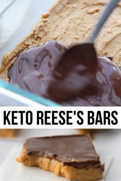 there are two pictures with the words keto reese's bars