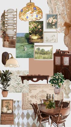 a collage of pictures and furniture with flowers in vases on the table next to them