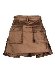 Cynthia Rowley Satin Cargo Miniskirt - Farfetch Brown Mini Skort, Brown Cotton Skort, Brown Mini Skort For Workwear, Brown Short Length Skirt For Workwear, Brown Mini Skirt With Pockets, Brown Cotton Mini Skirt With Relaxed Fit, Brown Cotton Mini Skirt, Fitted Brown Skort With Pockets, Brown Pleated Cotton Skort