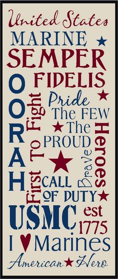 an american flag poster with words written in red, white and blue