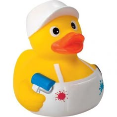 a yellow rubber ducky with a white hat and blue handle