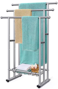 PRICES MAY VARY. Keep Oversized Towel Off Ground: 17.7" L x 12.6" W x 32.1"/36.0"/40.0" H, towel racks for bathroom is designed for oversized bath towels to keep them clean without touching the floor. Unique styling suits neat bathroom decor. Anti-slip Leveling Foot: Kayfia freestanding towel rack comes with four non-slip pads on the bottom that won't scratch indoor bathroom floors, weighted base makes towel rack stand more stable. Or move the quilt rack to an outdoor pool and keep it stable on Towel Racks For Bathroom, Toallero Ideas, Basket Blanket, Standing Towel Rack, Free Standing Towel Rack, Towel Display, Quilt Rack, Towel Stand, Blanket Ladder