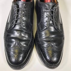 "Excellent overall vintage Condition! Has some light scuffs. These soles rate a 9 on a scale 1-10. Outer heels has some wear. Florsheim Imperial 9.5C Measurements 12 1/2\"from heel to toe( measured against the wall) 4 3/8\"at widest point 1 1/4\" heels Please measure your own pair and compare it to the measurements of the item you are interested in." Vintage Moc Toe Dress Shoes For Semi-formal Occasions, Retro Black Wingtip Oxfords, Retro Black Cap Toe Oxfords, Vintage Style Cap Toe Oxfords With Branded Insole, Vintage Cap Toe Oxfords With Branded Insole, Vintage Black Oxfords With Almond Toe, Vintage Oxfords With Plain Toe, Vintage Oxfords With Rubber Sole For Semi-formal Occasions, Vintage Black Oxfords For Derby