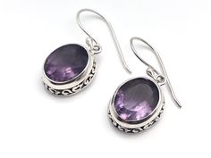 Amethyst Earrings // Oval Bali Setting Length: 1.25 inches Weight: 4 grams Metal: 925 Sterling Silver Finish: oxidized Stone: Amethyst Hypoallergenic Hallmark 925 Handmade Oval Purple Earrings, Oval Amethyst Earrings For Gift, Purple Amethyst Earrings, Bali Earrings, Bali Silver, Swirl Ring, Earrings Purple, February Birthstone, Amethyst Earrings