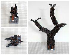 four different views of a tree made out of legos, including the trunk and branches