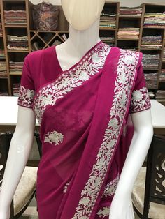 A Marvellous Embroidered Kashmir Saree which you can wear at any party or a wedding and stand out from the crowd.- - - - - - - - - - - - - - - - - - - - Product DetailsCondition: Brand NewEmbroidery: Kashmiri Tilla & Aari fusion embroideryColour: Onion PinkF A B R I CSaree: Viscose Georgette Blouse: Indian CrepeF I N I S H- UnstitchedYou can get it stitched locally.- StitchedWant your blouse ready to wear, let us know the style you want and we will stitch it for you.***PLEASE NOTE: We would requ Designer Banarasi Silk Saree With Intricate Embroidery, Traditional Designer Pre-draped Saree For Navratri, Designer Traditional Pre-draped Saree For Navratri, Traditional Pre-draped Saree For Designer Festive Wear, Designer Fitted Saree With Chikankari Embroidery, Fitted Designer Saree With Chikankari Embroidery, Festival Pre-draped Saree With Chikankari Embroidery, Traditional Fitted Pre-draped Saree With Cutdana, Traditional Georgette Blouse With Chikankari Embroidery