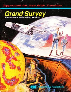 an advertisement for the grand survey showing two men and a dog in front of a space station