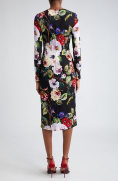 Dolce&Gabbana Floral Print Long Sleeve Charmeuse Sheath Dress | Nordstrom Fitted Multicolor Dresses For Daywear, Multicolor Fitted Formal Midi Dress, Fitted Multicolor Formal Midi Dress, Formal Fitted Multicolor Midi Dress, Flower Print Midi Dress, Designer Clothing Brands, Garden Vines, Long Sleeve Cocktail Dress, Dolce Gabbana Dress