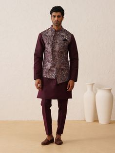 Exclusively crafted Wine color nehru jacket with Kurta Pajama for your special occasions to make heads turn at you.This nehru jacket is made from silk fabric which is one of the softest and most luxurious fabric and addorned with the beautifully designed kashida thread emroidery all over, Nehru jacket,nehru jacket for mens,nehru jacket wedding,nehru jacket suit,designer nehru jacket,wedding nehru jacket COST INCLUDES NEHRU JACKET & KURTA PAJAMA Luxury Single-breasted Nehru Jacket, Festive Designer Nehru Jacket With Stand Collar, Designer Kurta With Resham Embroidery And Stand Collar, Stand Collar Kurta With Resham Embroidery, Designer Resham Embroidery Kurta With Stand Collar, Festive Stand Collar Kurta With Intricate Embroidery, Festive Bandhgala With Intricate Embroidery And Stand Collar, Stand Collar Sherwani With Resham Embroidery For Festive Occasions, Festive Sherwani With Stand Collar And Resham Embroidery