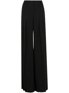 jet black crepe texture tonal stitching pleat detailing belt loops concealed front fastening high-waisted wide leg two side slash pockets straight hem Yoko London, City Dress, Cool Clothing, Summer Beach Wear, Ballet Flat Shoes, High Waisted Trousers, Ski Wear, Jet Black, High Waisted Pants