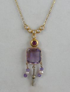 Handcrafted 18k Gold Necklace, Amethyst, Ruby and Diamond NKGD113N Victorian Pendants, Jewellery Necklaces, Necklace Amethyst, 18k Gold Necklace, Antique Dress, Design Earrings, Amethyst Beads, Amethyst Pendant, Jewellery Design