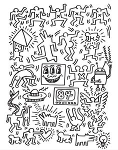 a black and white drawing with lots of doodles on the bottom half of it