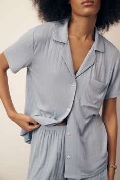 Includes buttondown top and pull-on shorts 95% Tencel™ modal, 5% elastane Chest patch pocket Machine wash Imported | Gisele Shortie Short Pajama Set by Eberjey in Blue, Women's, Size: Largearge, Elastane/Modal/Tencel at Anthropologie Women’s Pajama Sets, Feminine Daywear Pajama Shorts, Pajama Set Aesthetic, Anthropologie Pyjamas, Feminine Pajama Shorts For Loungewear, Short Length, Sleepwear Women Nightwear, Playful Short Sleeve Matching Set Sleepwear, Eberjey Pajamas, Knit Pajamas