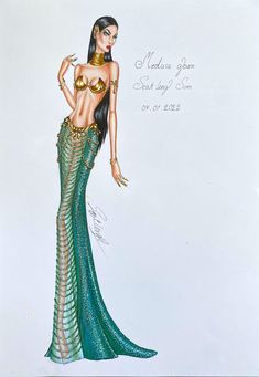 a drawing of a woman in a green and gold dress with her hand on her hip