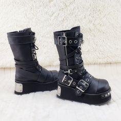 3 1/4" (83mm) Front Studded & Back Chrome Metal Plated Platform Lace-Up Mid-Calf Boot W/ Various Buckle & Wrap Around Straps, Outside Zip Closure Authentic Demonia Men's Us Sizes Black High Heel Studded Moto Boots, Black Buckle Boots, Platforms Boots, Demonia Boots, Combat Boots Men, Demonia Shoes, Goth Boots, Punk Clothing, Black Platform Boots