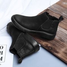 Color: Black,Brown,Khaki Closure Type: Slip-On Feature: Slip Resistant Size: US 10.5,US 8,US 9,US 10,US 11,US 11.5,US 7.5,US 8.5,US 6.5 Shoes Type: Chelsea Boots Upper Material: Cowhide Outsole Material: Rubber Mens Casual Leather Shoes, Botas Chelsea, Casual Leather Shoes, Shoe Tags, Wedding Dress Shoes, Black Chelsea Boots, Leather Ankle Boots, Sneakers For Sale, Types Of Shoes