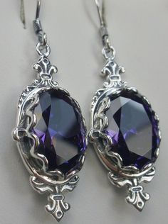 Purple Amethyst  Cubic Zirconia (CZ) Earrings Sterling Silver Filigree, Edwardian Jewelry, Pin Design#E18 with traditional Ear Wire Closures Ornate Purple Jewelry With Matching Earrings, Ornate Purple Drop Earrings, Ornate Purple Dangle Jewelry, Ornate Purple Sterling Silver Earrings, Silver Oval Faceted Earrings, Silver Faceted Oval Earrings, Elegant Purple Cubic Zirconia Crystal Earrings, Silver Crystal Earrings With Jewels As Gift, Purple Amethyst Jewelry For Pierced Ears