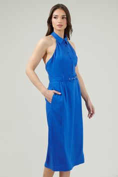 Create a cool look on the spot with the Rina Linen Halter Midi Dress! A nice dress that has a collared neck along with button down details in the front, sleeveless, and a belt around the waist. The open back makes is look more pretty and the pockets are convenient. Pick your favorite heels and you’re ready to go! - Halter- Belted- Pockets- Open back - Comes in 2 colorsSize + Fit - Model is 5'8" and wearing size XS- Measurements taken from size S - Chest: 19"- Length: 44 1/2" Fabric Self:70% Poly Chic Collared Summer Dresses, Collared Summer Dresses For Work, Sleeveless Midi Dress With Button Closure For Date Night, Collared Dresses For Summer Workwear, Summer Dress With Collared Neckline And Buttons, Collared Summer Work Dresses, Chic Belted Dress With Buttons, Casual Summer Belted Dress With Buttons, Collared Shirt Dress For Summer