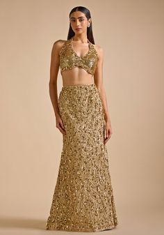 Gold Mermaid Embroidered Skirt set Prevasu - Fabilicious Fashion Sequin Indian Outfit, Simple Dress For Wedding Guest Indian, Mermaid Skirt Lehenga, Mermaid Style Lehenga, Fish Cut Gown Western, Gold Embellished Lehenga, Sangeet Bridal Outfit, Mermaid Lengha, Fitted Lehenga