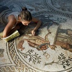 a woman laying on the ground next to a mosaic floor with animals painted on it